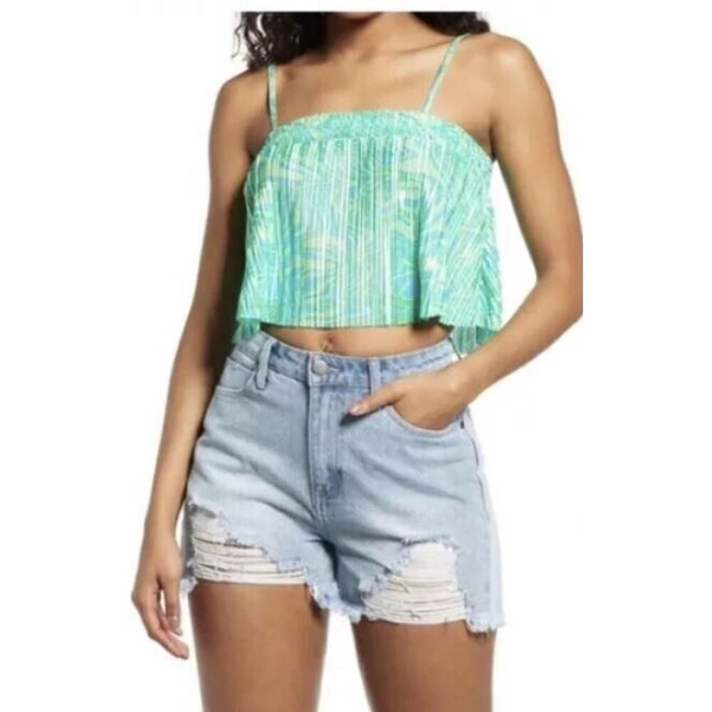 BP. Women's Plisse Crop Camisole in Green‎ Ziggy Animal Abstract 1X $25
